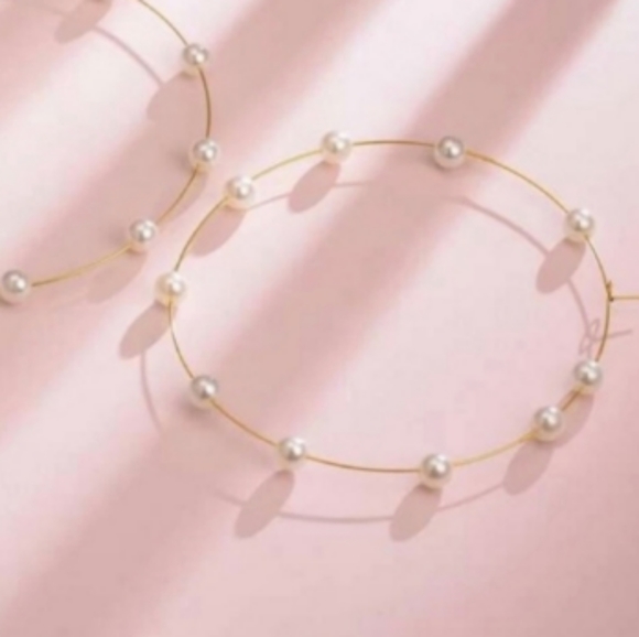 Huge 4.5" Pearl Gold Hoops Thin Oversized Hoop Statement Earrings New Bohemian - Picture 2 of 5